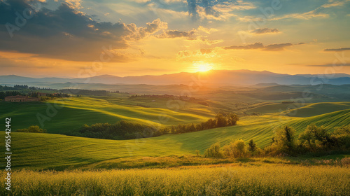 A picturesque sunset over rolling hills and farmland