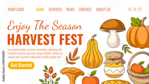 Enjoy the season, harvest fest. Colorful landing page vector template. Seasonal fall cozy elements from pumpkin, mushroom, rosehip, apple basket. For website, web, online, banner. Isolated background