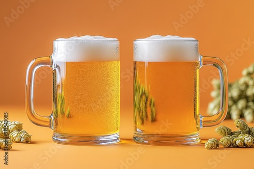 Mug beer. Full glasses of mug beer. Oktoberfest beer festival in Germany photo