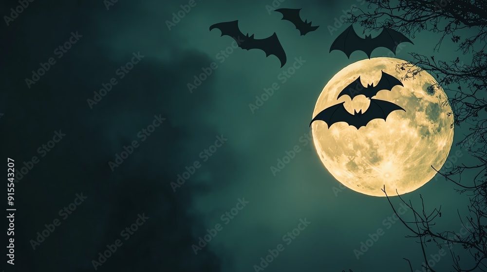 Bats fly against a backdrop of a full moon and a dark forest. Bats fly against a backdrop of a full moon and a dark forest.