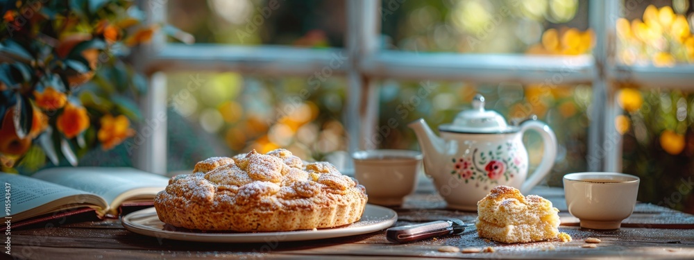 table with cups, tea pot, book and apple pie near window inside of countryside house. atmosphere for relax. tea autumn party. banner table with cups, tea pot, book and apple pie near window inside of countryside house. atmosphere for relax. tea autumn party. banner