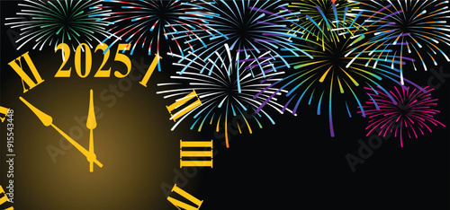 12 a clock firework. Best wishes, we wish you a happy New Year 2025 with many flying, falling tiny colored fireworks. Vector best Midnight slogan or quote. Christmas and New year greeting card. 
