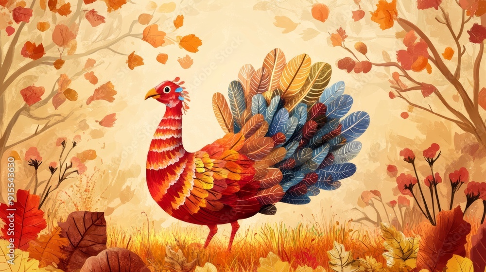 Colorful turkey illustration with vibrant feathers amidst a fall-themed background, celebrating Thanksgiving Colorful turkey illustration with vibrant feathers amidst a fall-themed background, celebrating Thanksgiving
