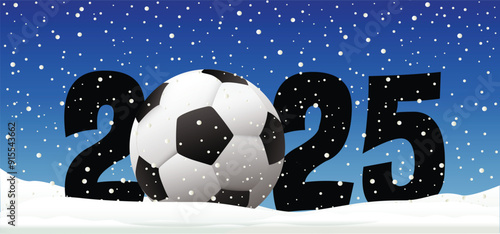 Best wishes, we wish you a happy New Year 2025 with football on winter snow field. Sport finale or school, sports game cup. winter time, Street ball games. Cartoon goal for 2025.