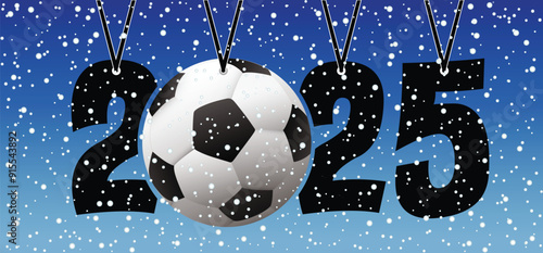 Best wishes, we wish you a happy New Year 2025 with football on winter snow field. Sport finale or school, sports game cup. winter time, Street ball games. Cartoon goal for 2025.
