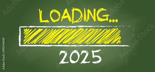 Best wishes, we wish you a Happy new year, 2025 loading bar on schoolboard. Flat vector best midnight slogan or quote. Christmas and New year greeting card. New Year's at midnight.
