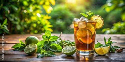 Refreshingly tranquil summer scene featuring a chilled glass of iced tea infused with a slice of lime and a sprig of fresh mint leaf.