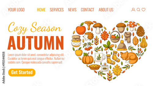 Autumn cozy season, landing page vector template. Colorful heart shape design from seasonal fall elements, food, clothes and animals. For website, web, online, banner, advertising, promotion