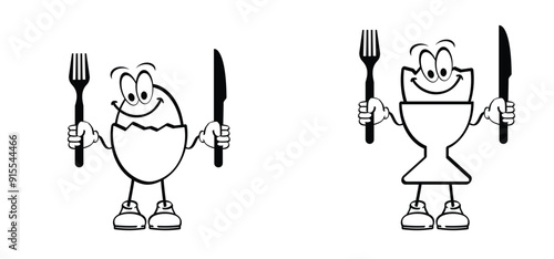 Cartoon drawing chicken egg mascot. good morning idea. Cracked or broken eggs. Cooking food, culinary ingredient pictogram. World food day or world egg day. breakfast tools
