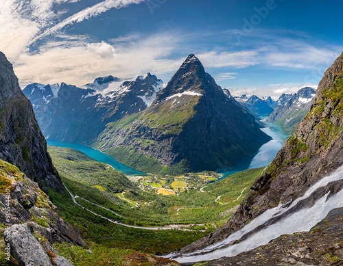 Panoramic shot from Norway, Andalsnes, Romsdalen Rauma, Eggen, View to trollstigen photo