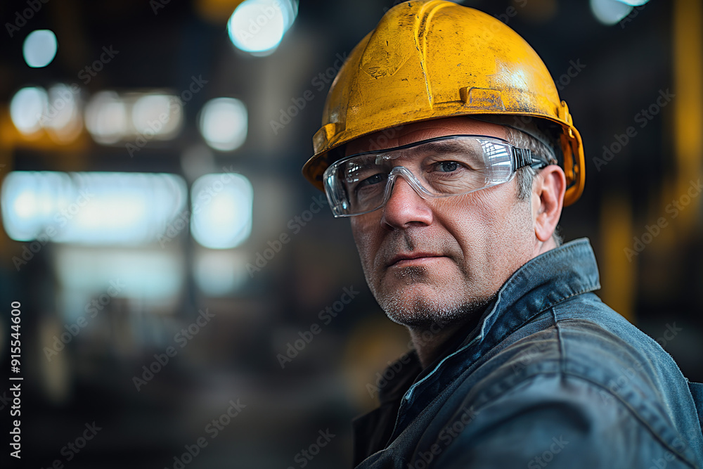 Middle-aged worker in safety glasses and a yellow helmet at a steel plant, standing in front of a blurred industrial background. Emphasizes safety, professionalism, and industrial work. Middle-aged worker in safety glasses and a yellow helmet at a steel plant, standing in front of a blurred industrial background. Emphasizes safety, professionalism, and industrial work.