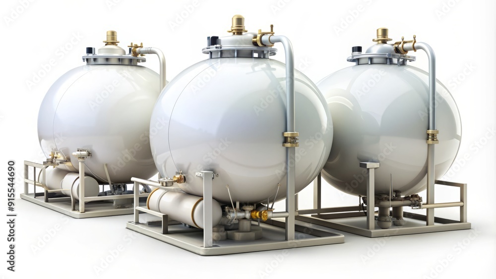 White spherical propane tanks with valves and fuel gas pipeline connections, industrial equipment for gas storage and supply, isolated on white background. White spherical propane tanks with valves and fuel gas pipeline connections, industrial equipment for gas storage and supply, isolated on white background.
