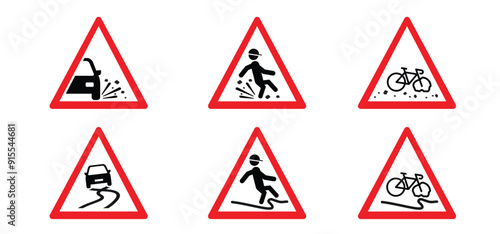 Slippery road. loose gravel, stone chipping signboard. Cartoon car, bike skidding. Traffic warning loose chippings. Vehicle skidding across the road. Falling man. Car, bike skid, traffic sign. 