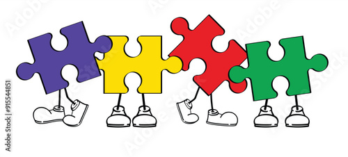 Cartoon mascot autism ribbon. World awareness day. Jigsaw line pattern. puzzle pieces icon or pictogram. Autism spectrum disorder (ASD) is a neurological and developmental disorder with social skills.