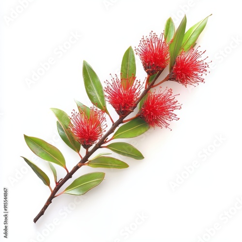 Natal bottlebrush Greyia sutherlandii branch with vibrant red flowers on a white background photo