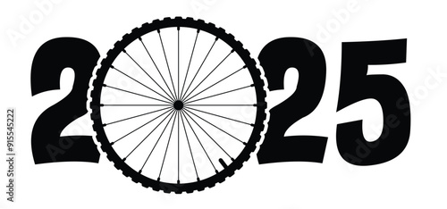 Happy new year 2025. Cartoon cycling wheels line pattern. Sport icon. Cyclist wheel logo or pictogram. Cycling or bike rims symbol. 2024 calendar, day.