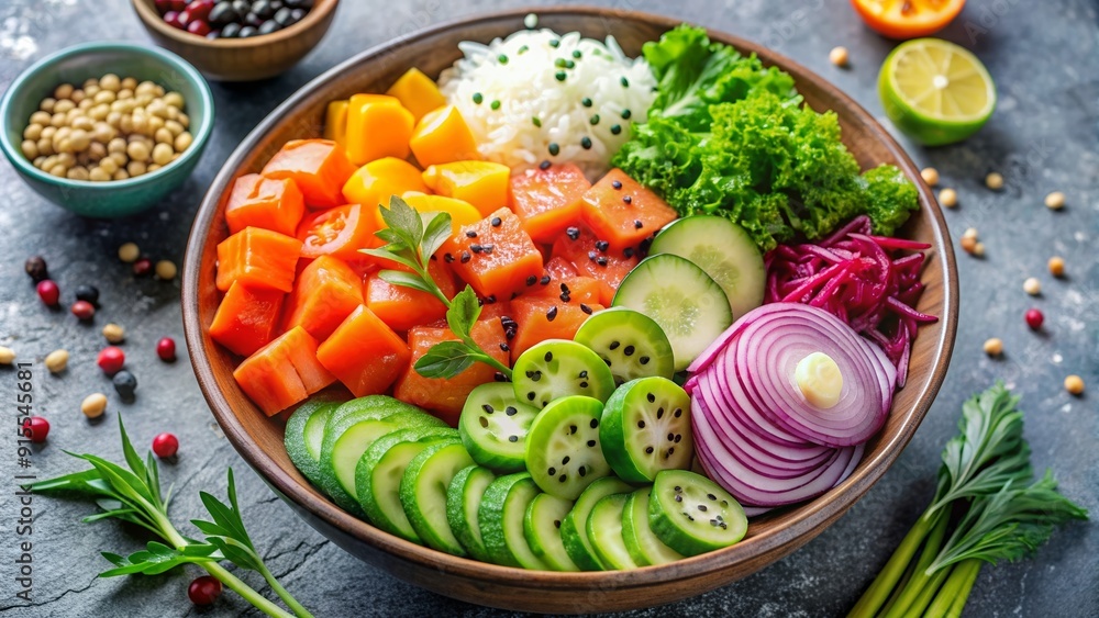 Fresh salmon poke bowl with colorful array of veggies and toppings , salmon, poke bowl, sushi, fresh, healthy, delicious Fresh salmon poke bowl with colorful array of veggies and toppings , salmon, poke bowl, sushi, fresh, healthy, delicious