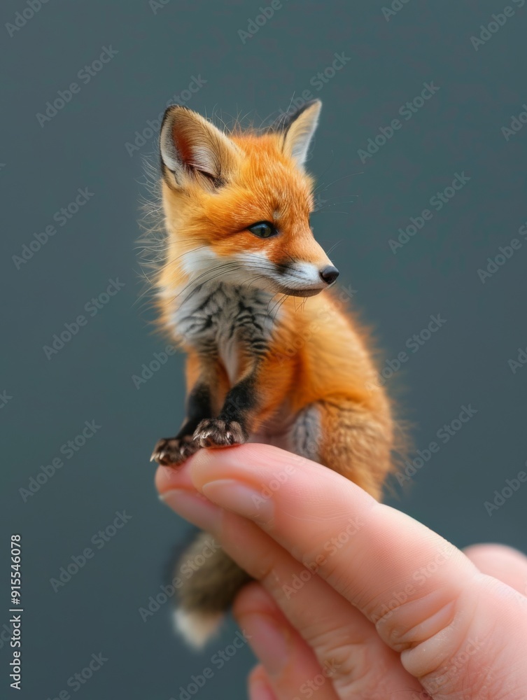 Fototapeta premium Macro photo of a small miniature fox sitting on fingers