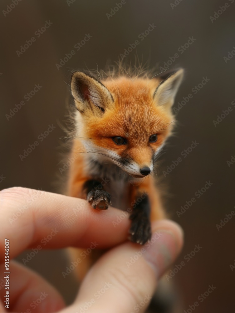 Obraz premium Macro photo of a small miniature fox sitting on fingers