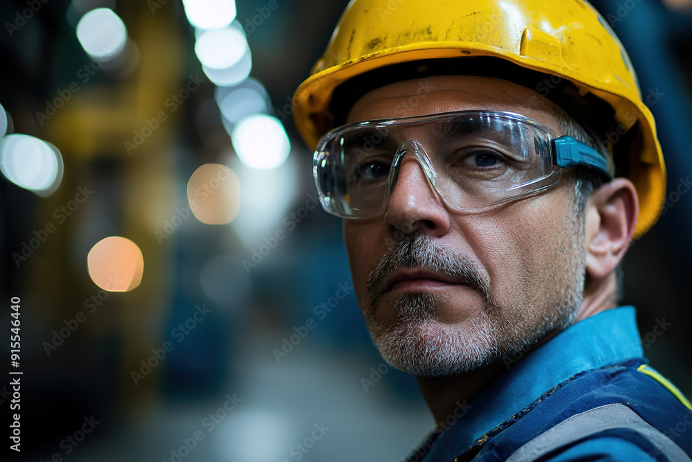 Professional middle-aged steel plant worker with a yellow helmet and safety glasses, looking confidently at the camera with a blurry factory backdrop. Highlights industrial safety and expertise. Professional middle-aged steel plant worker with a yellow helmet and safety glasses, looking confidently at the camera with a blurry factory backdrop. Highlights industrial safety and expertise.