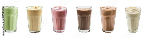 Set of Healthy drink protein shake in glass isolated on background, breakfast meal with whey protein for high calcium. photo