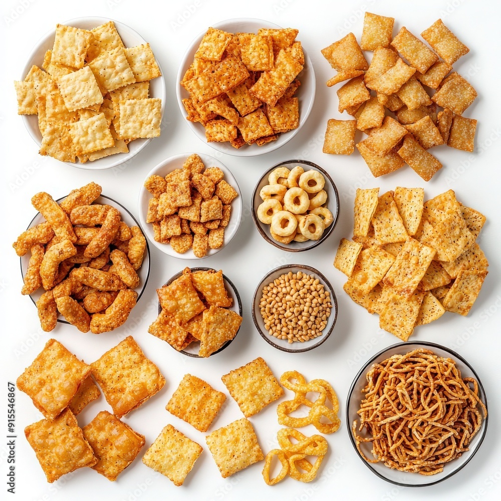 An assortment of crunchy snacks arranged in bowls, featuring various shapes and textures perfect for parties or casual gatherings. An assortment of crunchy snacks arranged in bowls, featuring various shapes and textures perfect for parties or casual gatherings.