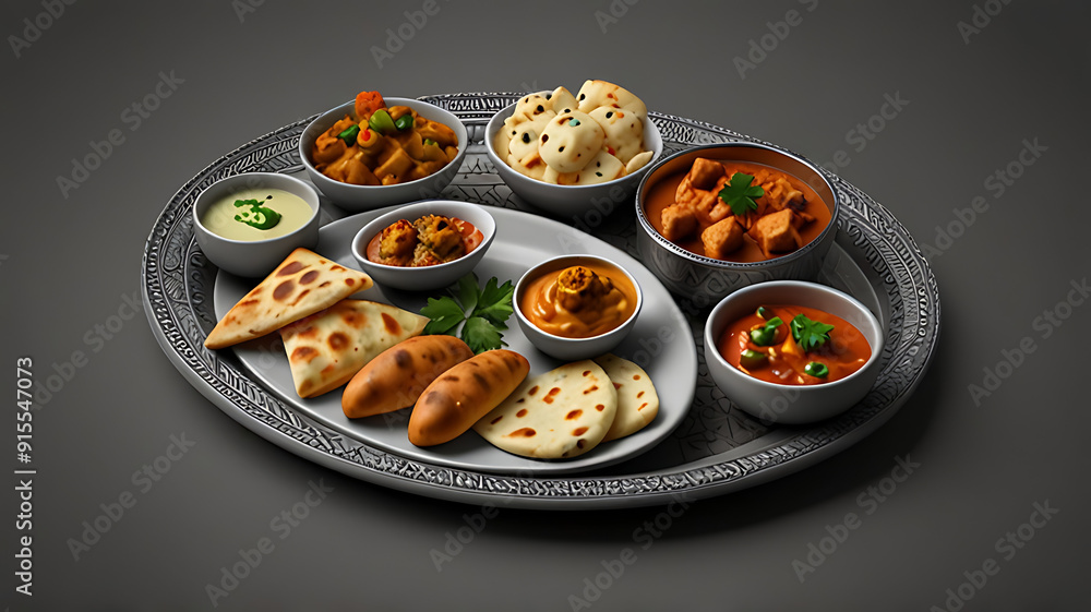 A 3D cute cartoon style Indian food platter with a variety of colorful dishes, including naan, curry, and sweets, set against a simple background A 3D cute cartoon style Indian food platter with a variety of colorful dishes, including naan, curry, and sweets, set against a simple background