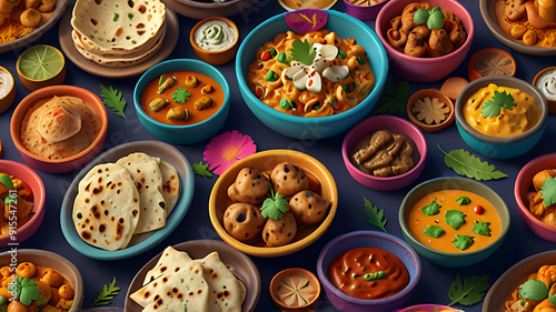 A 3D cute cartoon style Indian food platter with a variety of colorful dishes, including naan, curry, and sweets, set against a simple background