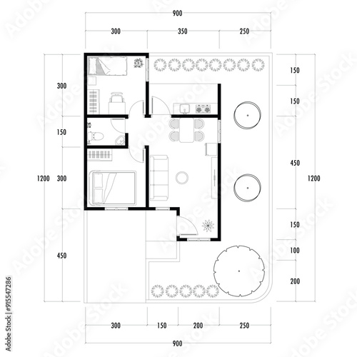 Floor plan blueprint type 96 sqm, Figure of the jotting sketch of the construction and the industrial skeleton of the structure and dimensions.