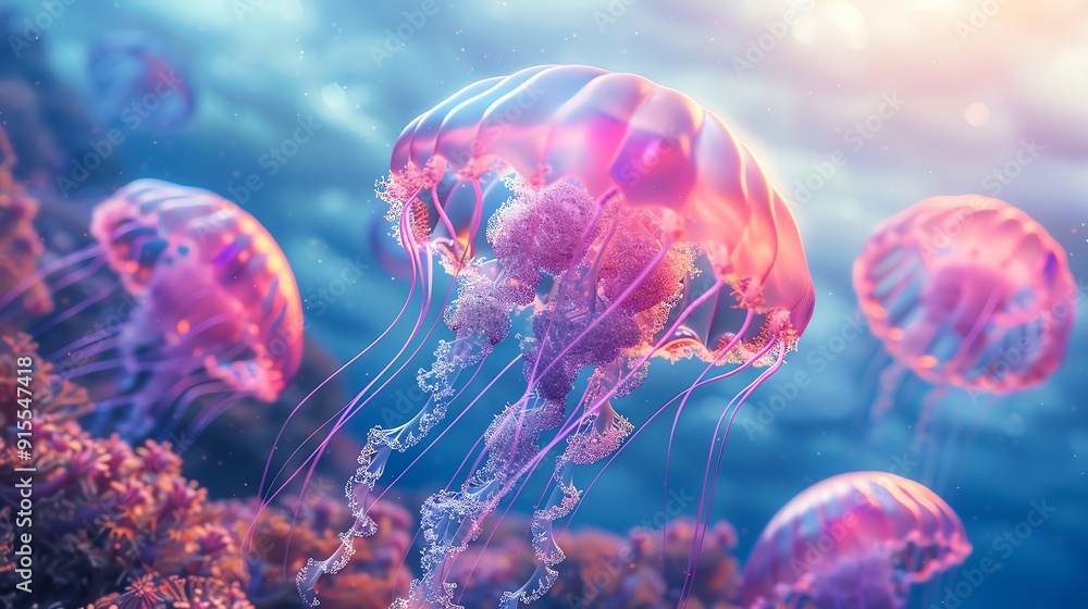 Airborne jellyfishlike creatures floating in marine air pockets, rare species interactions, wildlife species air, marine air species Airborne jellyfishlike creatures floating in marine air pockets, rare species interactions, wildlife species air, marine air species
