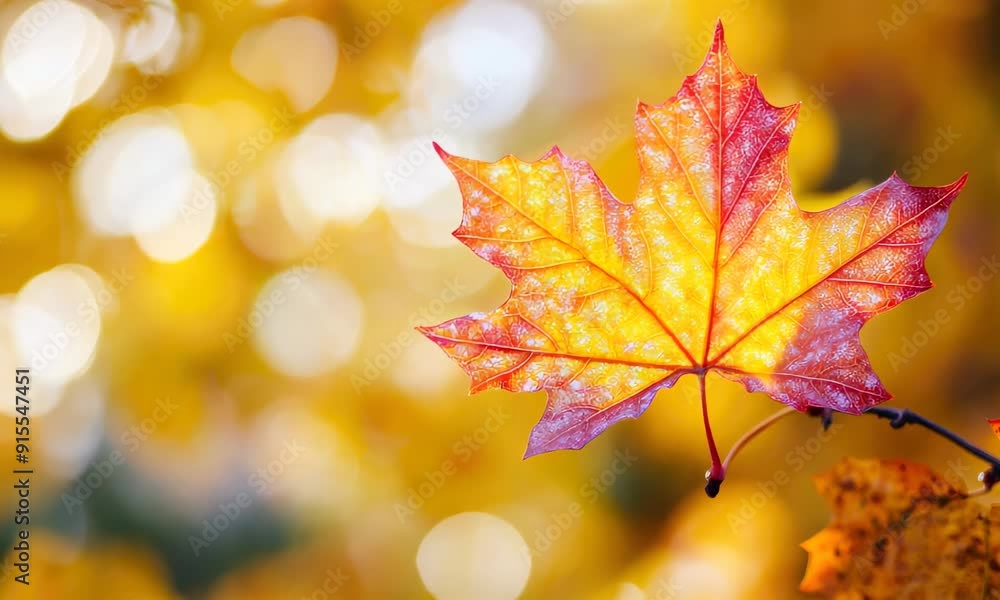 Close-up of red autumn leaf with golden bokeh background Close-up of red autumn leaf with golden bokeh background