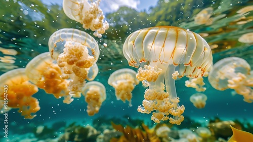 Airborne jellyfishlike creatures floating in marine air pockets, rare species interactions, wildlife species air, marine air species photo