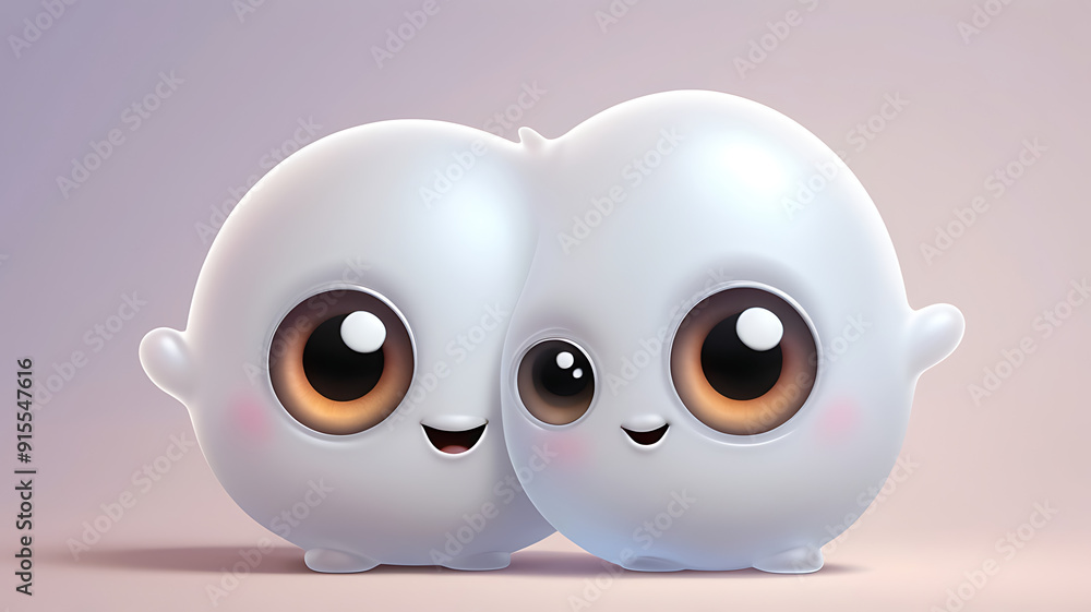 Obraz premium A 3D cute cartoon style portrait of a cheeky, round ghost character with big eyes, a mischievous smile, and a translucent body, set against a simple background