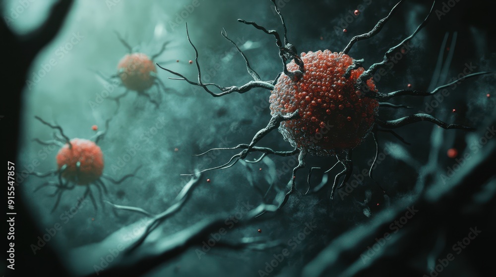 Sinister Transformation: Cancer Cell Mutation Unleashing Malignancy in Digital Art on Dark Background Sinister Transformation: Cancer Cell Mutation Unleashing Malignancy in Digital Art on Dark Background