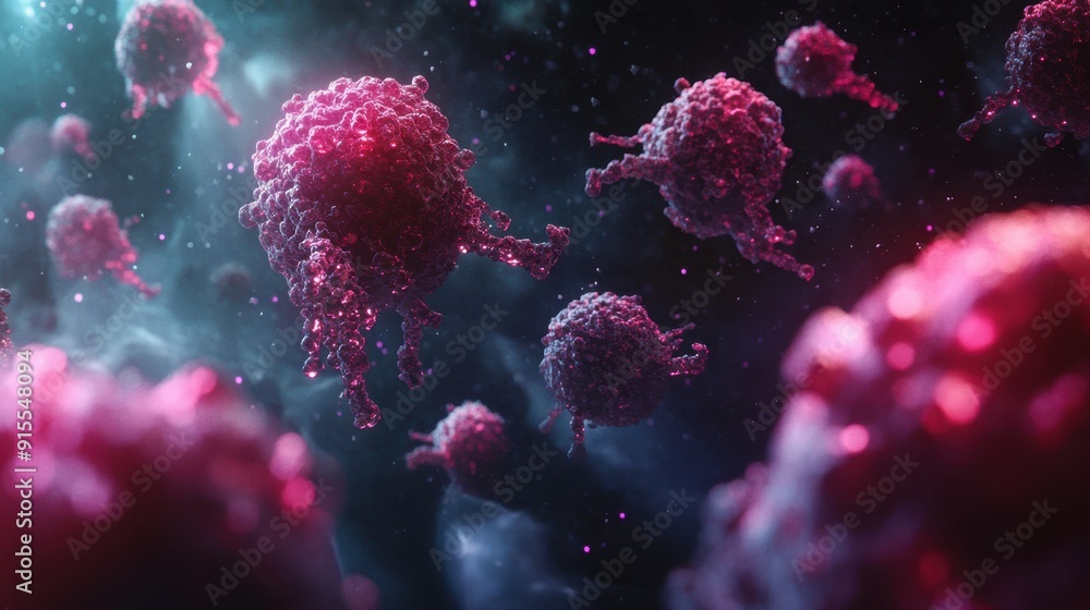 Futuristic Visualization of Malignant Tumor Cells in Advanced Cancer Stages on Dark Futuristic Background - Sci-Fi Digital Art Futuristic Visualization of Malignant Tumor Cells in Advanced Cancer Stages on Dark Futuristic Background - Sci-Fi Digital Art
