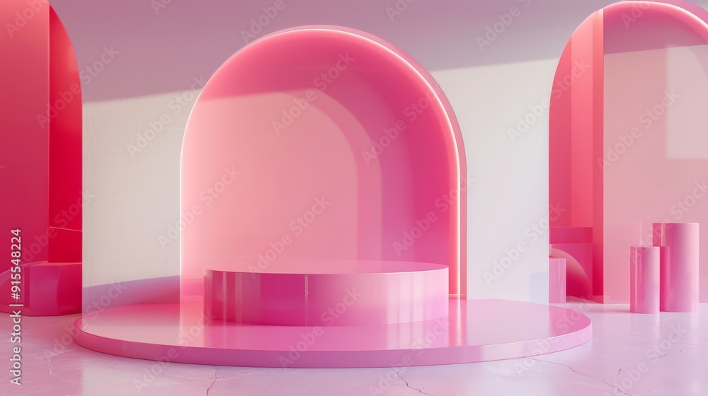 Modern Minimalist Pink Arch Interior with Product Display Podium Modern Minimalist Pink Arch Interior with Product Display Podium