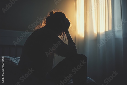 a depressed woman sitting in the dark room