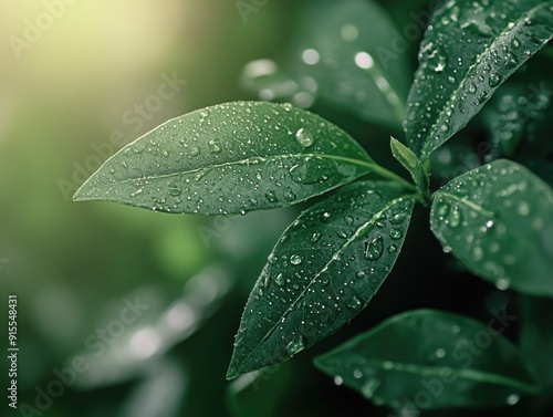 A detailed view of a leaf with water droplets forming a tiny landscape #915548431