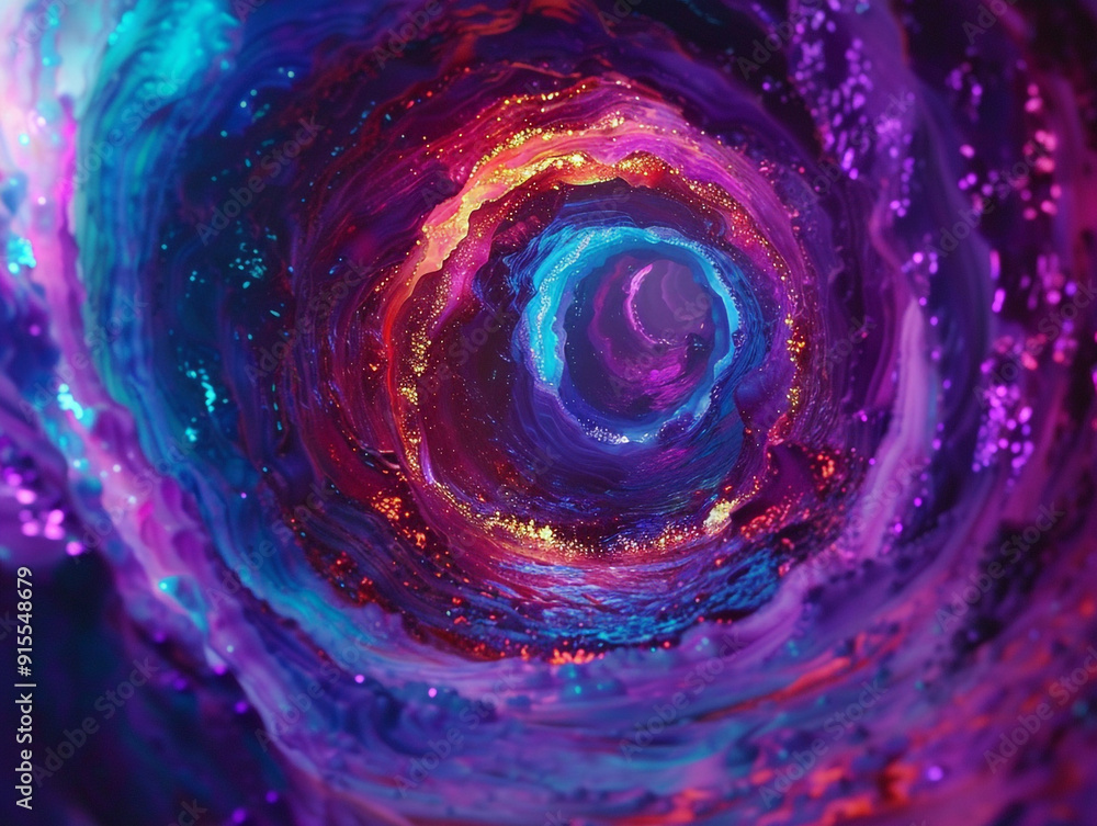 A spiral of light and color with a purple center. The spiral is surrounded by a blue and orange background A spiral of light and color with a purple center. The spiral is surrounded by a blue and orange background