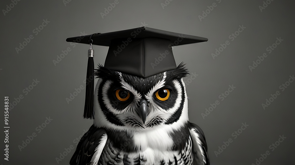 Fototapeta premium A 3D cute cartoon style portrait of a shy, bespectacled owl character with a graduation cap, large eyes, and a warm, inviting smile, set against a simple background