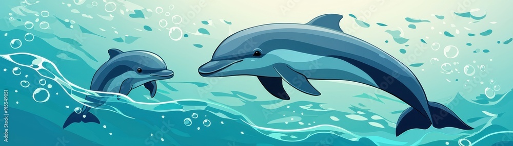 An animated illustration of two dolphins swimming gracefully in clear blue water, creating a vibrant aquatic scene. An animated illustration of two dolphins swimming gracefully in clear blue water, creating a vibrant aquatic scene.