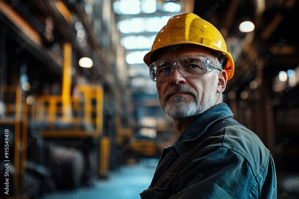  Middle-aged man in a steel plant, equipped with safety glasses and a yellow helmet, posing with a blurred industrial environment behind. Emphasizes professionalism and safety.
