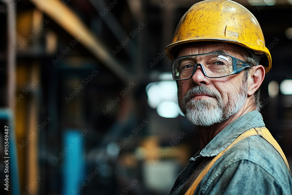  Middle-aged man in a steel plant, equipped with safety glasses and a yellow helmet, posing with a blurred industrial environment behind. Emphasizes professionalism and safety.