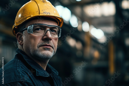  Middle-aged man in a steel plant, equipped with safety glasses and a yellow helmet, posing with a blurred industrial environment behind. Emphasizes professionalism and safety.