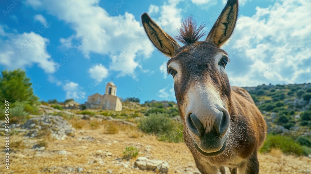 A donkey stands on a dry grass-covered field, ready for grazing or other activities A donkey stands on a dry grass-covered field, ready for grazing or other activities