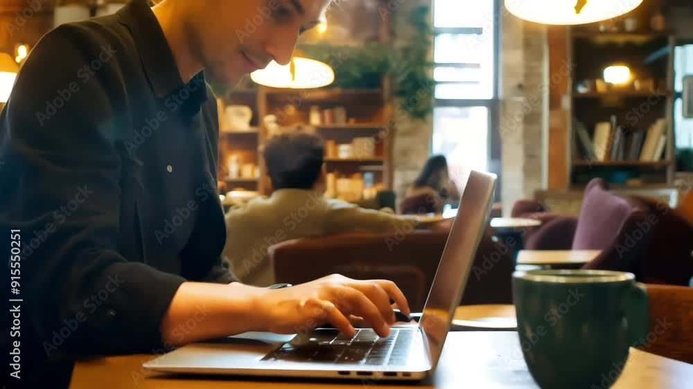 Focused Flow at the Coffee Shop: A young professional finds his rhythm in the cozy ambiance of a bustling cafe, diligently working on his laptop. Focused Flow at the Coffee Shop: A young professional finds his rhythm in the cozy ambiance of a bustling cafe, diligently working on his laptop.