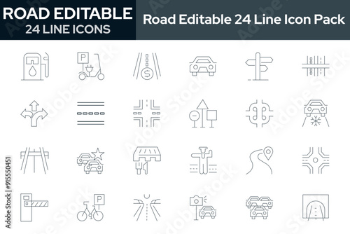 Collection of 24 road editable line icons. These design elements are suitable for your projects and are provided as vector illustrations."