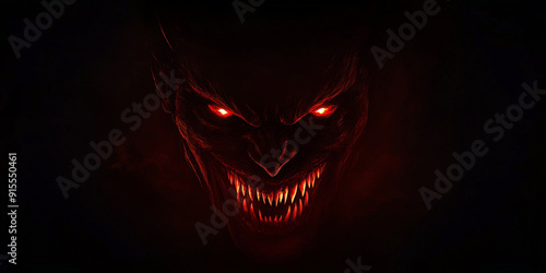A red demon face glowing in the dark, laughing maniacally