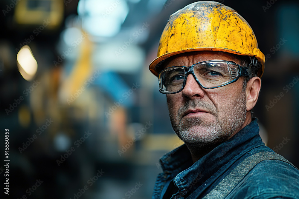 Middle-aged steel plant professional in safety glasses and a yellow helmet, with a blurred industrial backdrop. Showcases a focus on safety and manufacturing expertise. Middle-aged steel plant professional in safety glasses and a yellow helmet, with a blurred industrial backdrop. Showcases a focus on safety and manufacturing expertise.