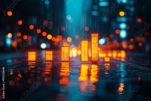 stock market chart, blue background, dark tones, bokeh effect